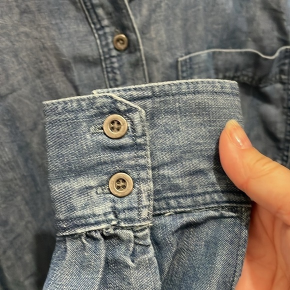 LOFT Denim Shirt Dress Tiered Blue with Pocket Linen Blend Flowy - Picture 8 of 9